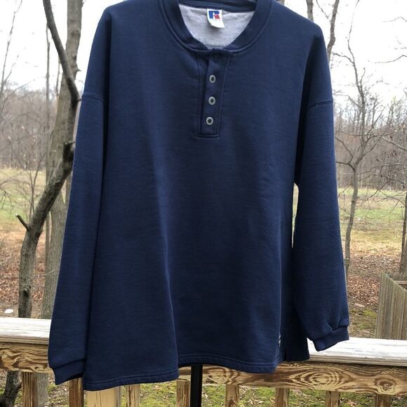 Vintage Russell Athletic Henley 90’s Mens Large Navy Blue cotton polyester used - Picture 2 of 16